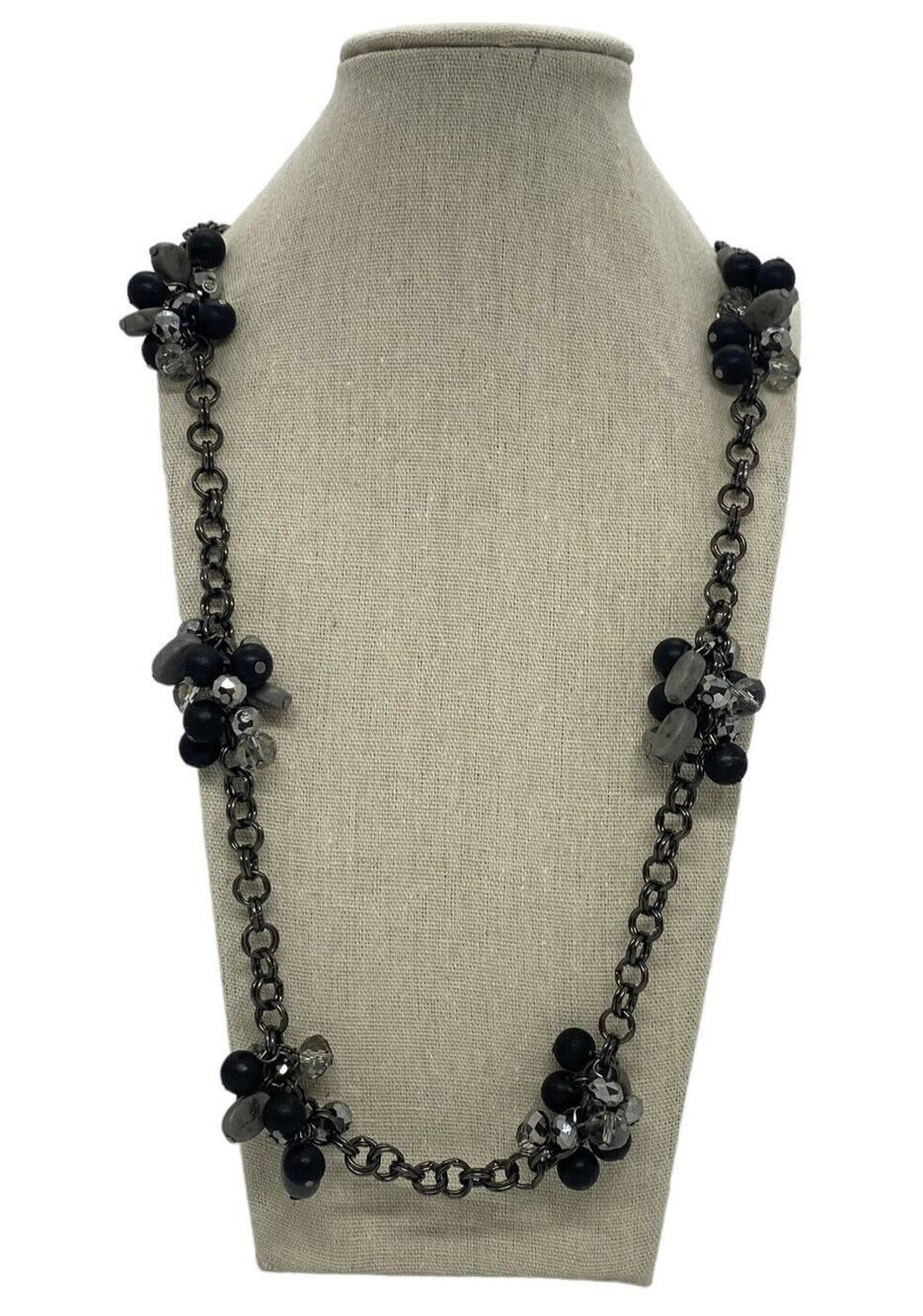 St. Emerald 36" Necklace Black Chain Faceted Black Silver Cluster Beads Fashion